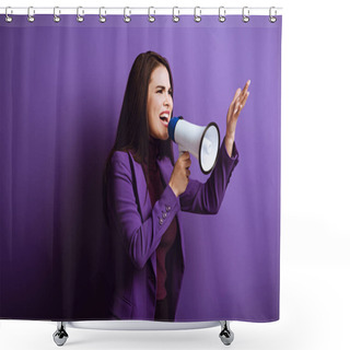 Personality  Angry Young Woman Shouting In Megaphone And Showing Indignation Gesture On Purple Background Shower Curtains