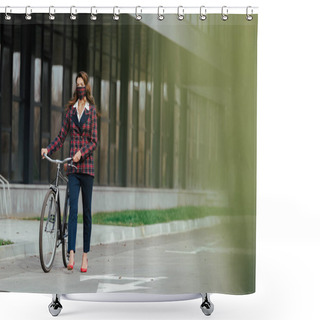 Personality  Selective Focus Of Businesswoman In Plaid Mask Walking With Bicycle  Shower Curtains