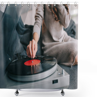 Personality  Cropped Shot Of Woman Listening Music With Vinyl Record Player On Couch At Home Shower Curtains