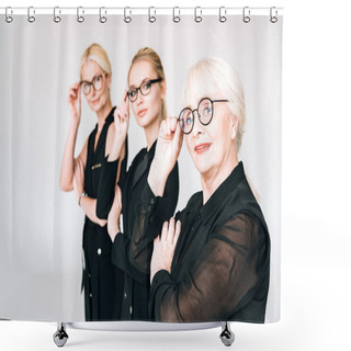 Personality  Fashionable Three-generation Blonde Businesswomen In Total Black Outfits Touching Glasses Isolated On Grey Shower Curtains