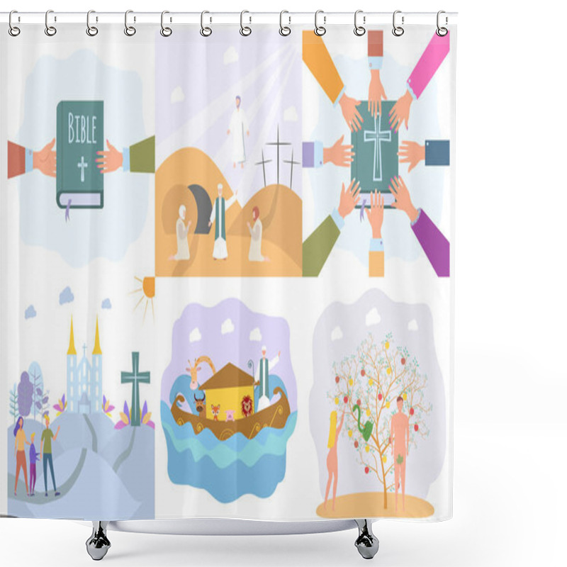 Personality  Set Illustrations. Ascension Of Jesus Christ. The Sacrifice Of The Messiah For The Atonement Of Mankind. Learn The Word Of God. Bible Story Design Concept. Shower Curtains