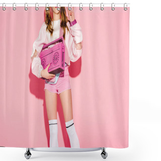 Personality  Cropped View Of Girl In Long Socks Holding Retro Boombox And Showing Rock Sign On Pink Shower Curtains