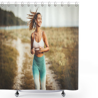 Personality  A Beautiful Smiling Happy Woman Is Running Along The Path Near The Sea And Enjoying In Summer Sunny Day. Shower Curtains