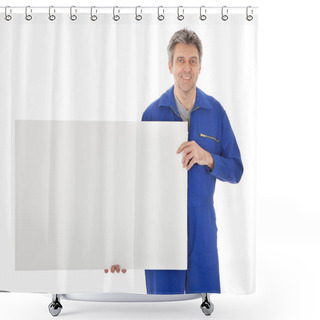 Personality  Portrait Of Automechanic Holding Empty Banner Shower Curtains