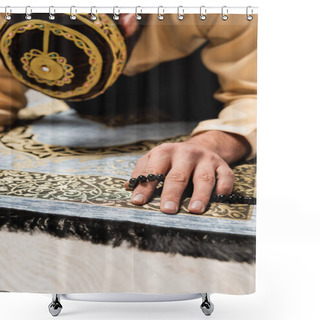 Personality  Blurred Muslim Man With Prayer Beads Praying On Carpet At Home  Shower Curtains