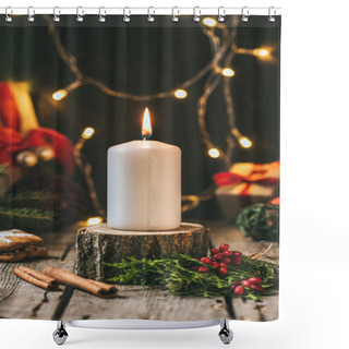 Personality  Christmas Candle On Wooden Stump With Light Garland  Shower Curtains