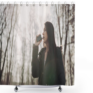Personality  Young Woman Using Electronic Cigarette To Smoke In Public Places.Smoke Restriction,smoking Ban.Using Vaping Device With Flavoured Liquid.E-juice Vaping.Smoking Habit,nicotine Addict,tobacco Industry Shower Curtains