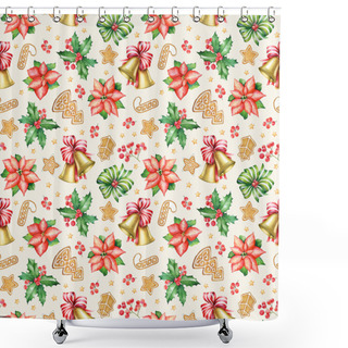 Personality  Seamless Pattern With Watercolor Poinsettia Flowers, Holly Branches With Berries, Gingerbread Cookies And Golden Bells On White Background. Christmas And New Year Mood. Shower Curtains