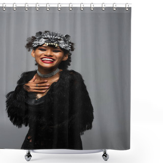 Personality  Cheerful African American Woman In Wolf Halloween Mask Touching Chest Isolated On Grey Shower Curtains