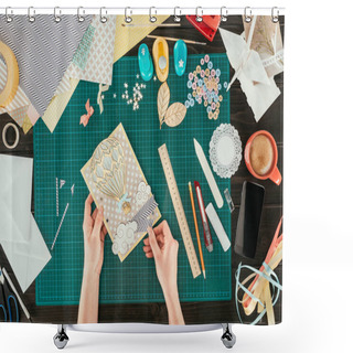 Personality  Cropped Image Of Artist Holding Scrapbooking Handmade Postcard With Wooden Balloon Shower Curtains