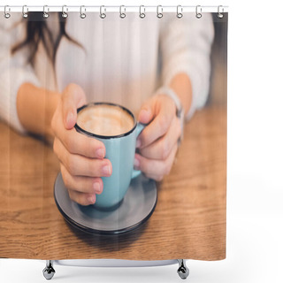Personality  Cropped Image Of Woman Sitting With Coffee Cup At Table In Cafe Shower Curtains