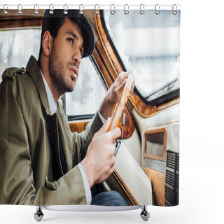 Personality  Gangster Looking Aside, Holding Steering Wheel And Driving Car Shower Curtains