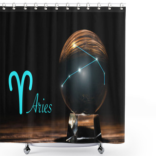 Personality  Crystal Ball With Constellation Near Aries Zodiac Sign On Wooden Table Isolated On Black Shower Curtains