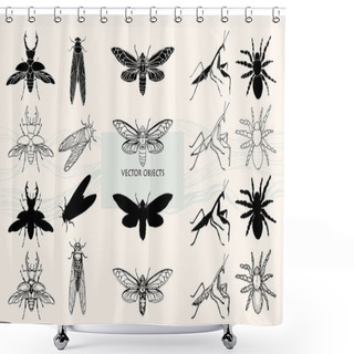 Personality  Vector Illustration. Various Style Of One Object. Insects, Beetles And Spiders. Shower Curtains