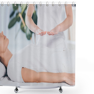 Personality  Cropped Shot Of Calm Young Woman Receiving Reiki Healing Treatment On Stomach  Shower Curtains