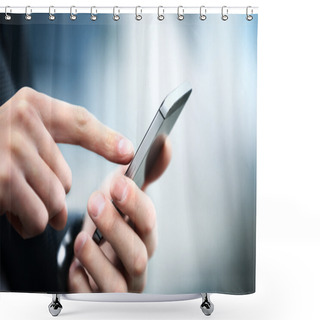 Personality  Close Up Of A Man Using Mobile Smart Phone Shower Curtains