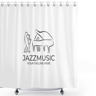 Personality  Jazz Music Logo Template. Saxophonist And Pianist Vector Design. Musician Illustration Shower Curtains