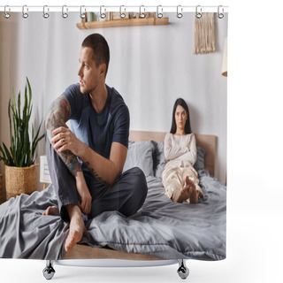 Personality  Frustrated Tattooed Man Sitting On Bed Near Upset Asian Wife, Family Relationship Difficulties Shower Curtains