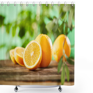 Personality  Selective Focus Of Cut And Whole Oranges On Wooden Surface  Shower Curtains
