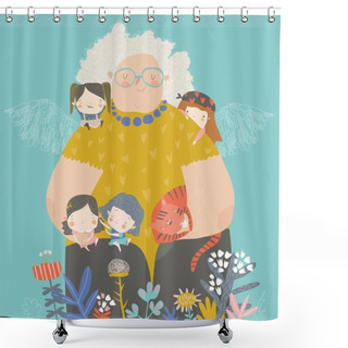 Personality  Cute Cartoon Grandmother Hugging Their Grandchildren In Flowers Shower Curtains