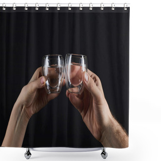 Personality  Cropped Shot Of Man And Woman Clinking Glassed Isolated On Black Shower Curtains