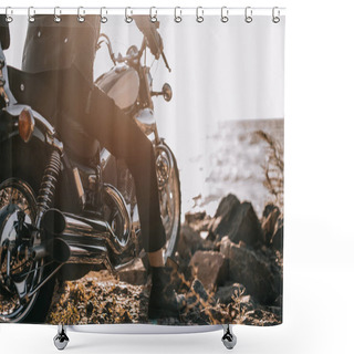 Personality  Low Section View Of Biker Sitting On Classical Motorbike Outdoors Shower Curtains