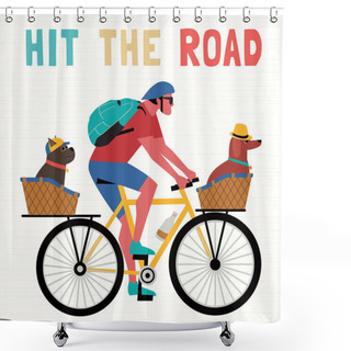 Personality  Time For Adventure. Cute Comic Cartoon. Colorful Humor Retro Style Illustration. Bicycling Travel With Pet Vector Concept. Vacation Touring With Dogs Sport Fun Leisure Activity. Dog Days Summer Poster Shower Curtains