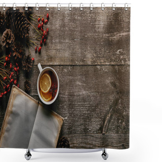 Personality  Flat Lay With Red Holly Berries, Blank Notebook, Cup Of Tea And Pine Cones On Wooden Tabletop Shower Curtains
