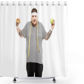 Personality  Fat Man Holding Burger And Apple Shower Curtains