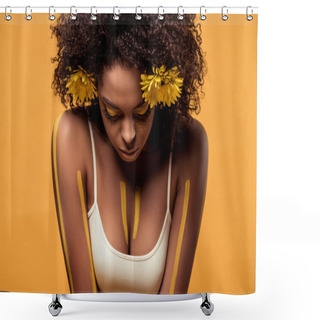 Personality  Young Sensual African American Woman With Artistic Make-up And Gerbera In Hair Isolated On Orange Background Shower Curtains