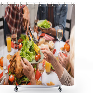 Personality  Cropped View Of Senior Woman Holding Plate With Vegetables During Thanksgiving Dinner With Multicultural Family Shower Curtains
