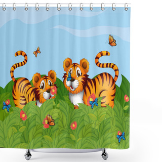 Personality  Two Tigers Playing In The Garden Shower Curtains