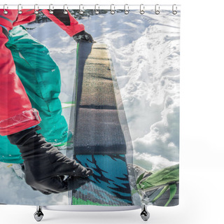 Personality  Man Freerider Installs Glue Camus On Skis, In Snow Wild Mountains Shower Curtains