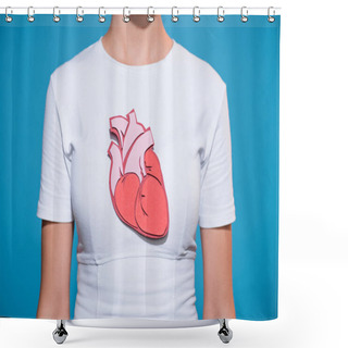 Personality  Cropped Shot Of Woman In White Tshirt With Paper Made Heart On Blue Backdrop Shower Curtains