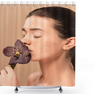 Personality  Young Woman With Closed Eyes And Problem Skin Smelling Orchid Isolated On Beige  Shower Curtains