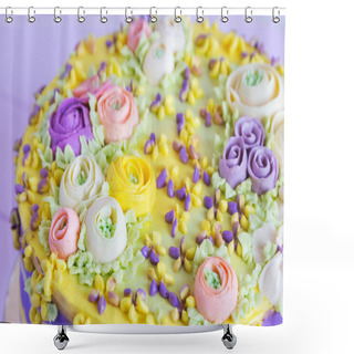 Personality  Closeup Cream Floral Decoration On Colorful Cake Shower Curtains