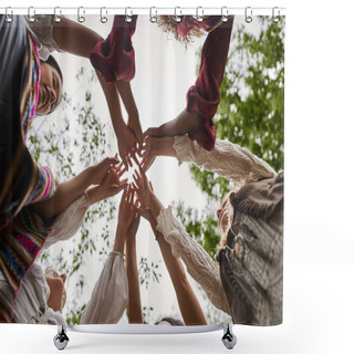 Personality  Bottom View Of Multiethnic Women In Stylish Clothes Holding Hands Outdoors In Retreat Center Shower Curtains