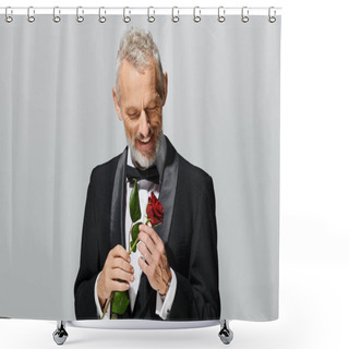 Personality  Attractive Joyful Mature Man With Beard In Elegant Tuxedo Holding Red Rose And Smiling Happily Shower Curtains