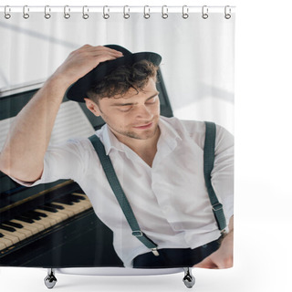 Personality  Smiling Pianist In Trendy Clothing Sitting By Piano And Holding Hand On Hat Shower Curtains