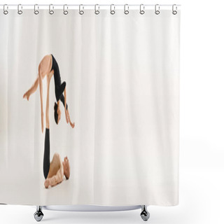 Personality  A Woman And A Man Demonstrate Impressive Balance By Doing Acrobatic Element. Shower Curtains