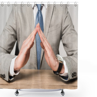 Personality  Cropped View Of Businessman Showing Protection Gesture Isolated On Grey Shower Curtains