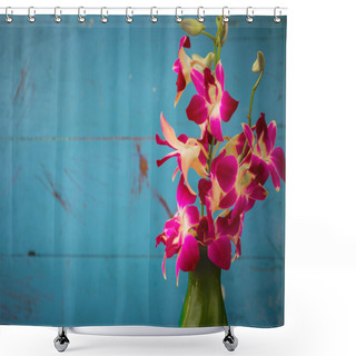 Personality  Purple Orchid Flowers In Green Vase With Wooden Wall Shower Curtains