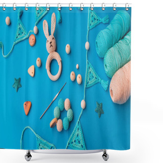 Personality  Layout Of Crochet Baby Toys, Crochet Hook And Skeins Of Yarn On Bright Blue Surface. Crochet For Babies. Shower Curtains
