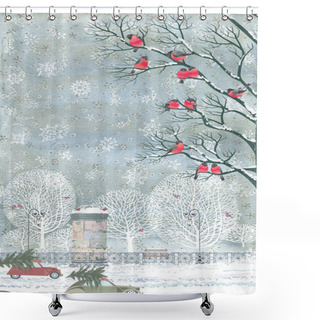Personality  Composition From Watercolor Background With Snowflakes And Vector Flock Of Bullfinches Perching On The Branches Of A Trees, Advertising Column, Cars With Christmas Trees On Top, Snow, Trees, Fence, Street Lights And Bench Shower Curtains