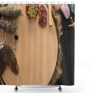 Personality  Top View Of Shamanic Dreamcatcher, Herbs And Crystals On Tambourine On Black Wooden Surface Shower Curtains