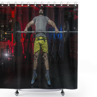 Personality  Strong White Man Performing A Lift In Crossfit Box With Red And Blue Lighting In Gym  Shower Curtains