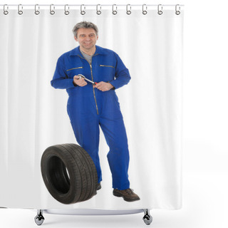 Personality  Automechanic Standing Next To Car Tire Shower Curtains