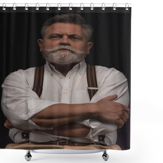 Personality  Serious Senior Man With Crossed Arms Isolated On Black Shower Curtains