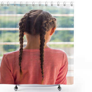 Personality  Girl With Dutch Plaits Looking Out Of Window From Behind Shower Curtains