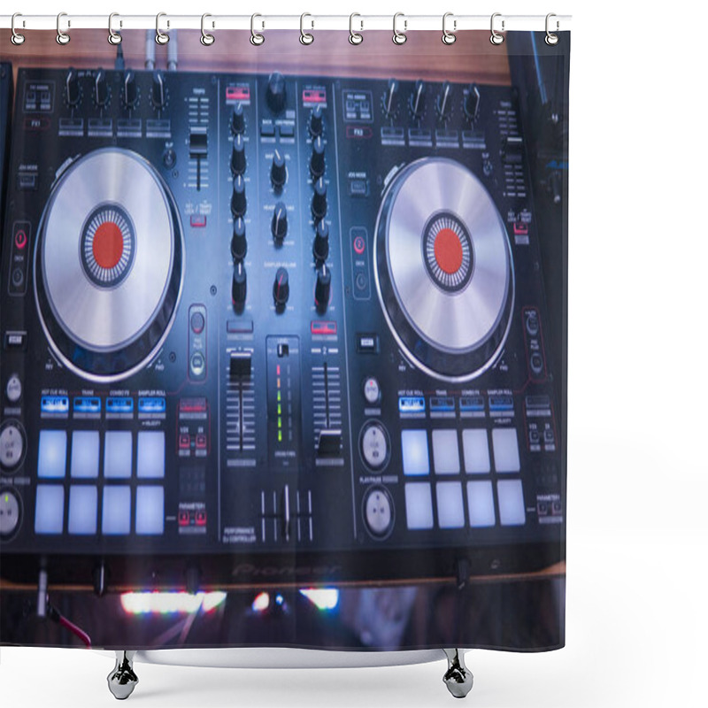 Personality  DJ Plays And Mix Music On Digital Mixer Controller. Close-up DJ Performance Controller, Digital Midi Turntable System, Adjustable Torque, Aluminum-turntable Platter, Fader, Knob And Slider, Button. Shower Curtains